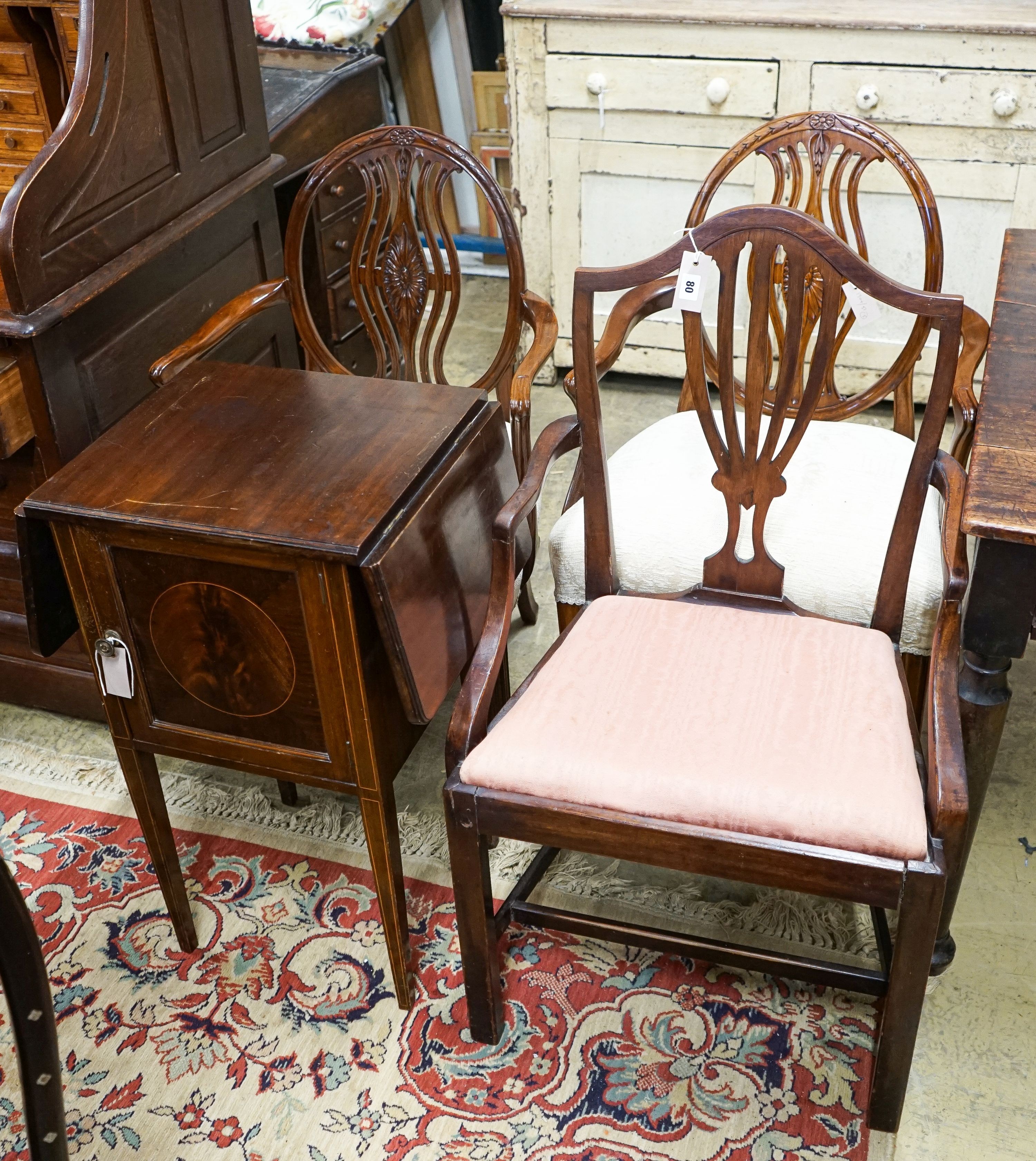 A pair of Hepplewhite style elbow chairs with oval backs, one other chair and a bedside commode cabinet (4)